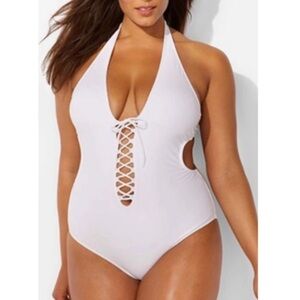 NWT Ashley Graham Cutout Halter sexy lace up monokini one piece size 6
